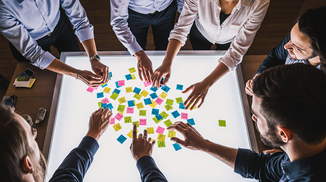 Marketing team collaborating around an illuminated digital whiteboard covered with colorful sticky notes.
