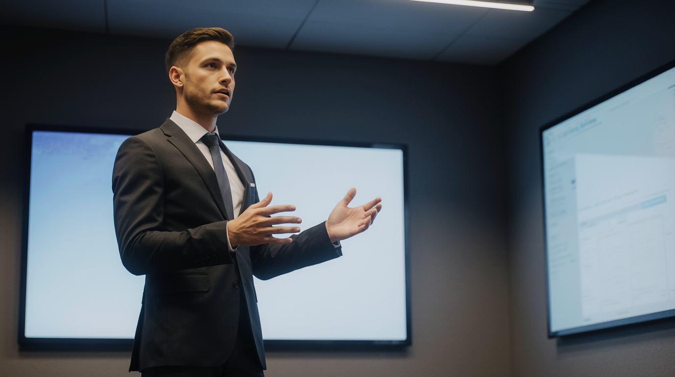 Young professional presenting a project in a modern conference room with digital screens.