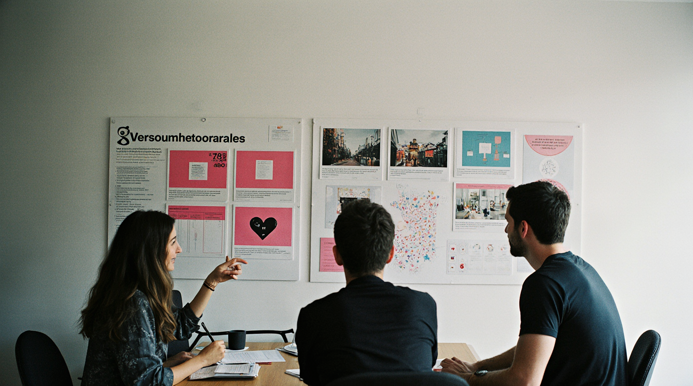 Creative team collaborating in a startup office, reviewing digital video storyboards on a wall.
