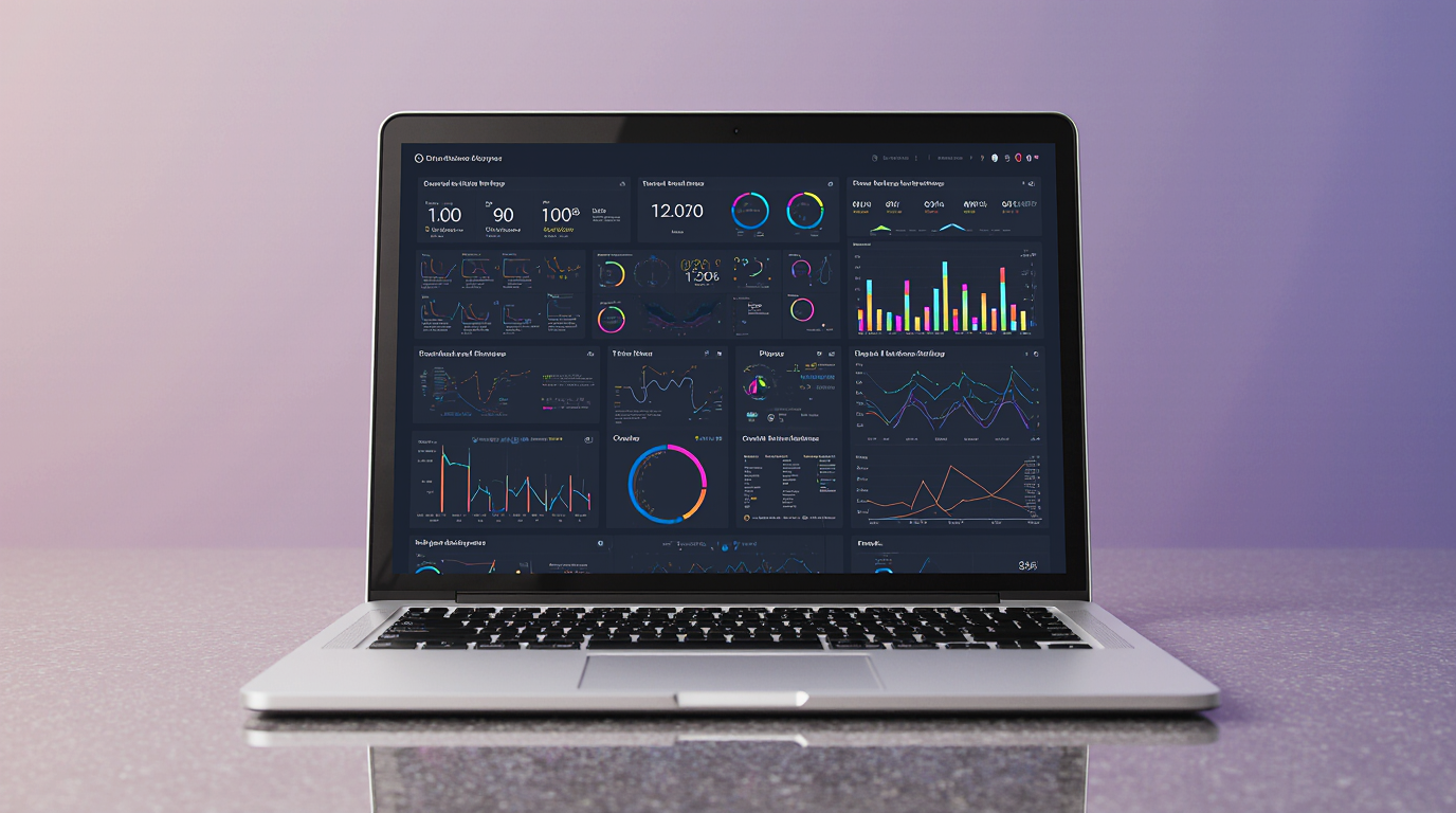AI-driven dashboard with charts and graphs displayed on a laptop, on a modern desk with gradient background.