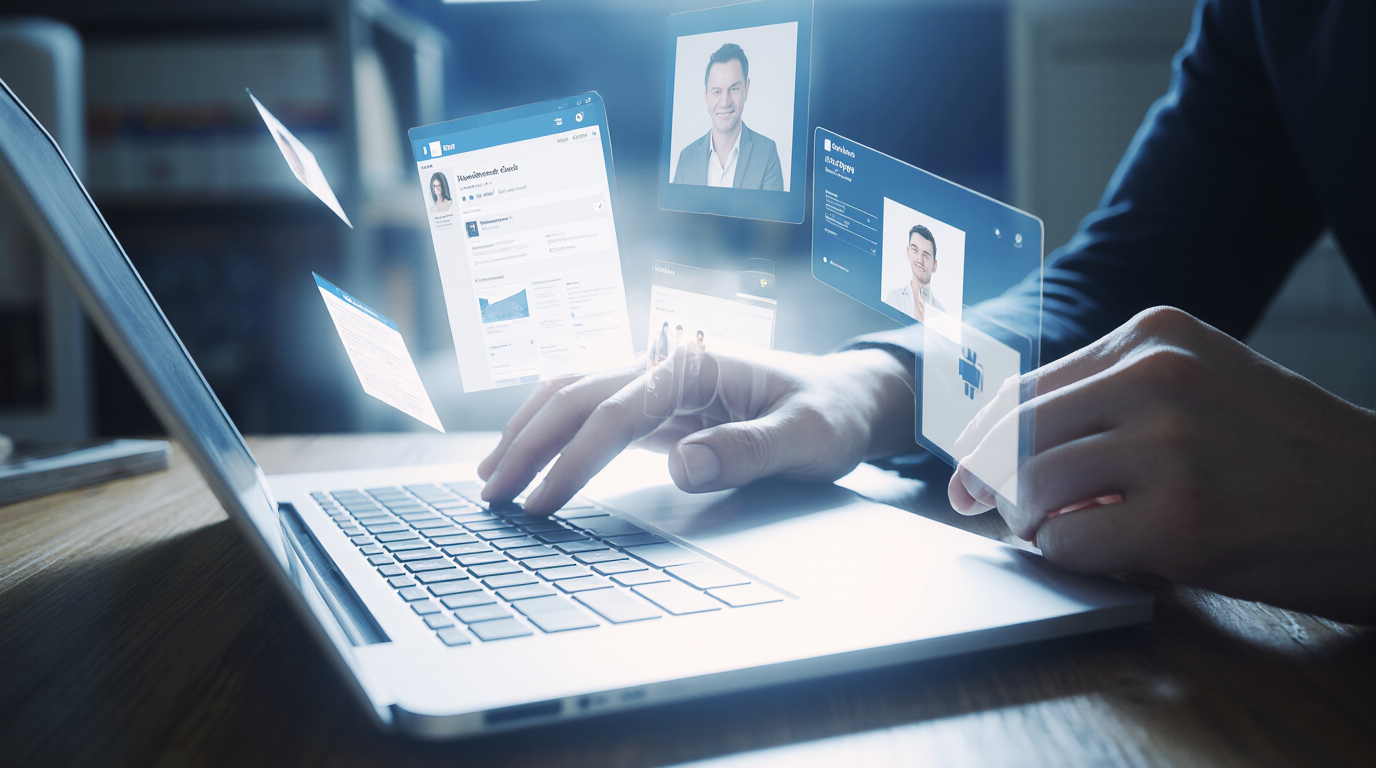 Person updating their LinkedIn profile on a laptop with digital interface elements floating above keyboard.