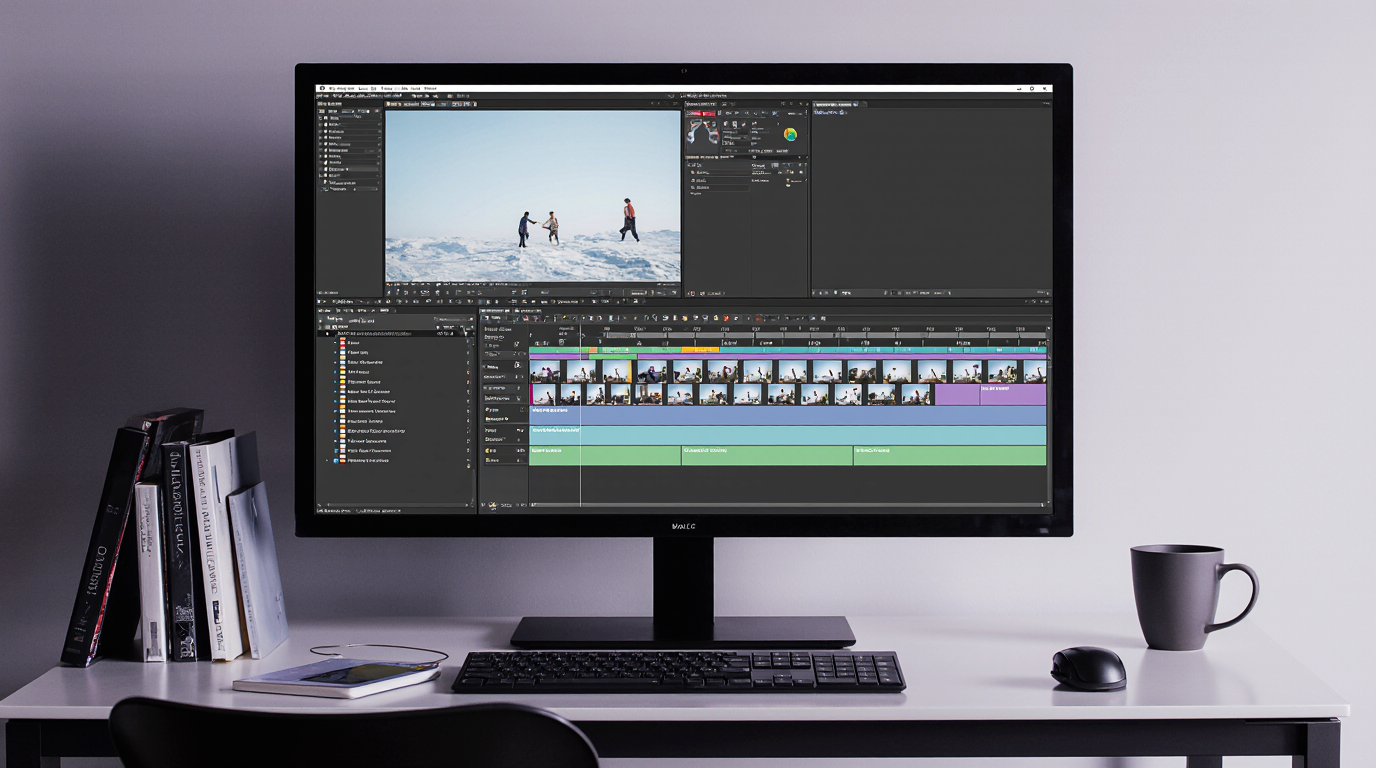 Computer monitor displaying video editing software on a desk.