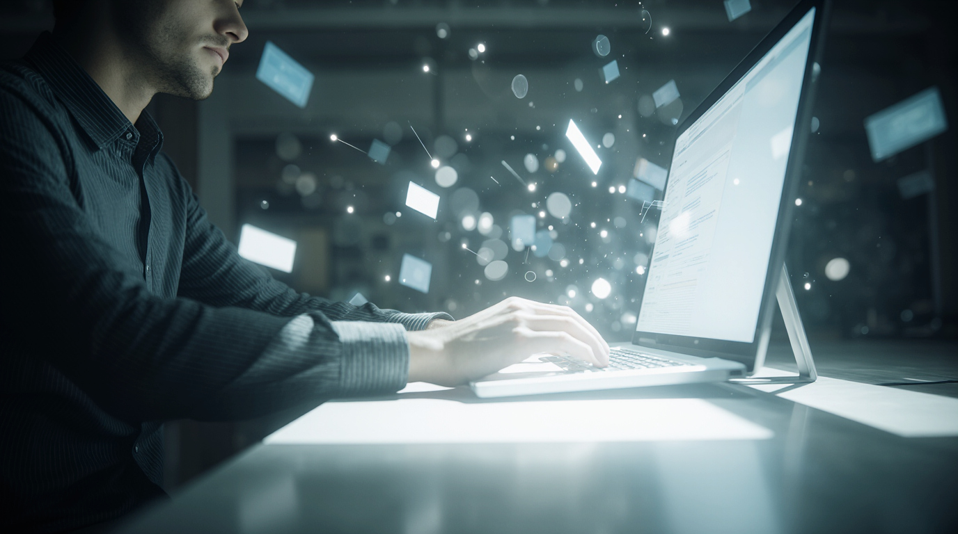 Creative professional using AI video generation interface with dynamic digital effects on screen.