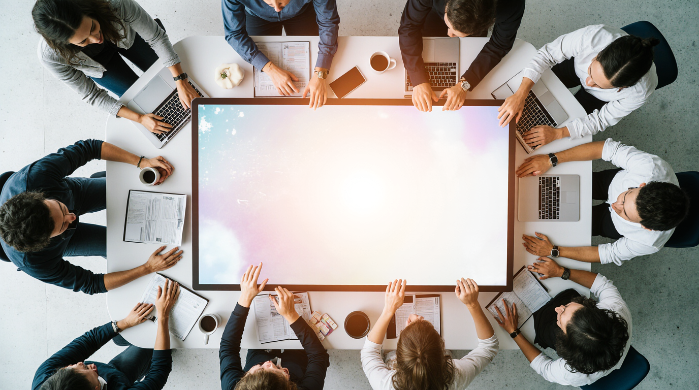 People collaborating around a large digital touchscreen table with laptops and documents.