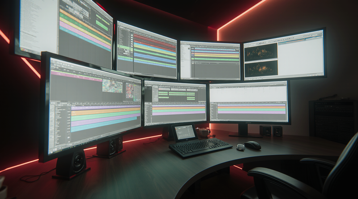 Multiple monitors displaying video editing software in a modern workspace.