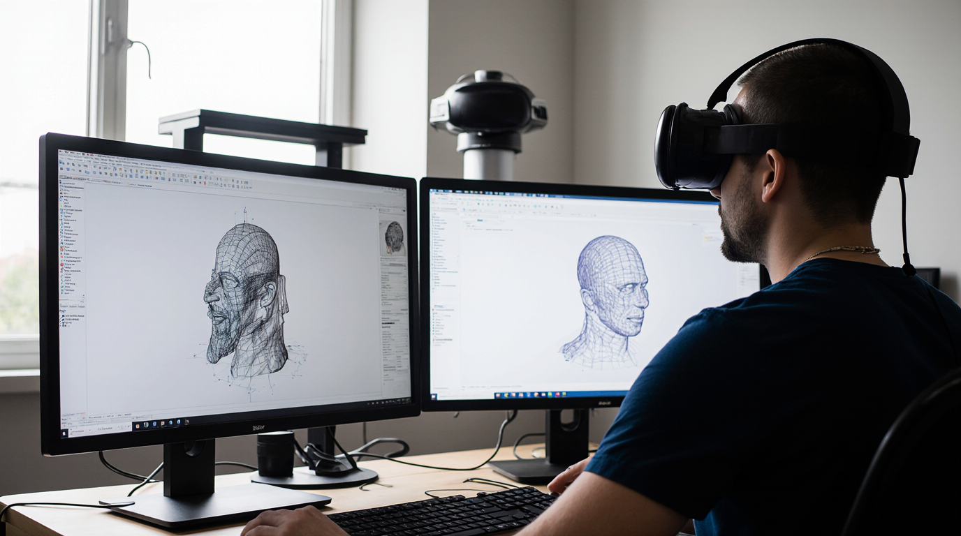 Person using VR headset and dual monitors with 3D head models for virtual reality design.