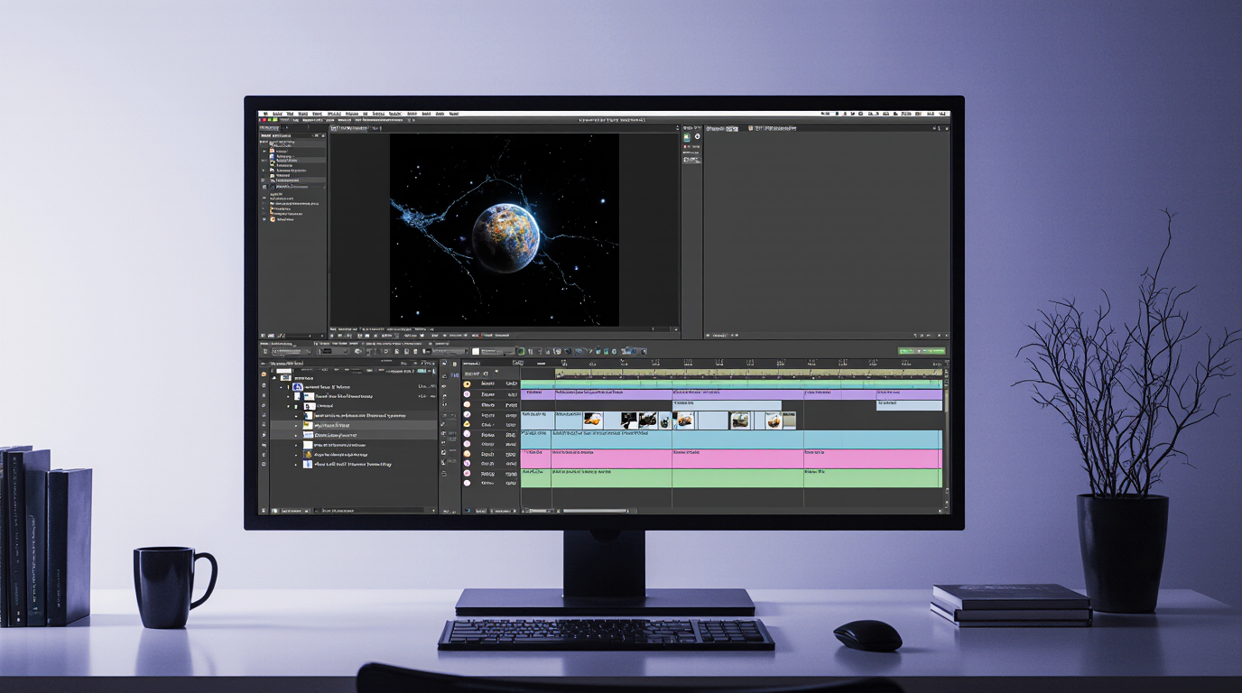 AI-powered video editing platform displayed on a large monitor on a modern, softly lit desk.