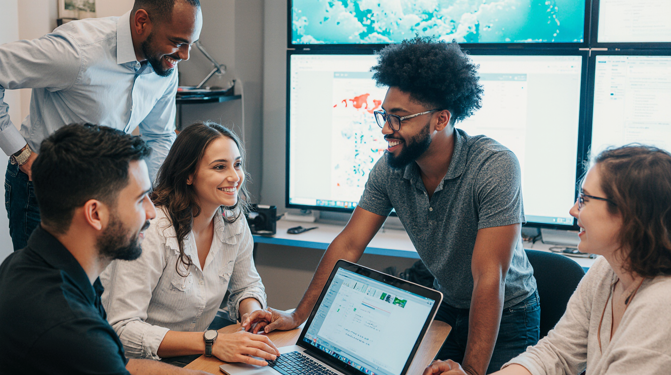 Diverse creative team collaborating at a desk with laptops and AI editing platform on large screens.