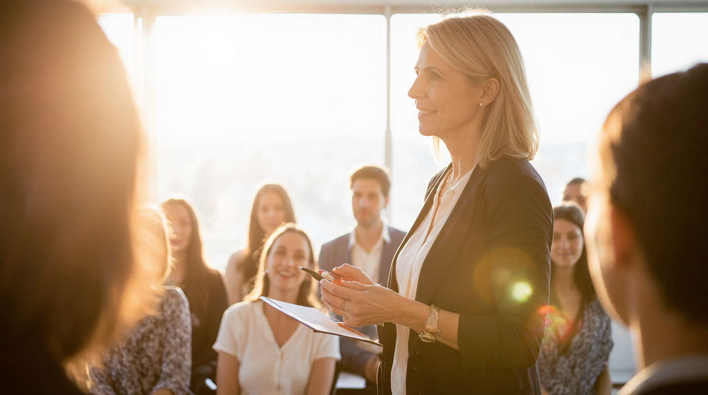 45-year-old woman in business attire leading a workshop with an engaged audience in the background.