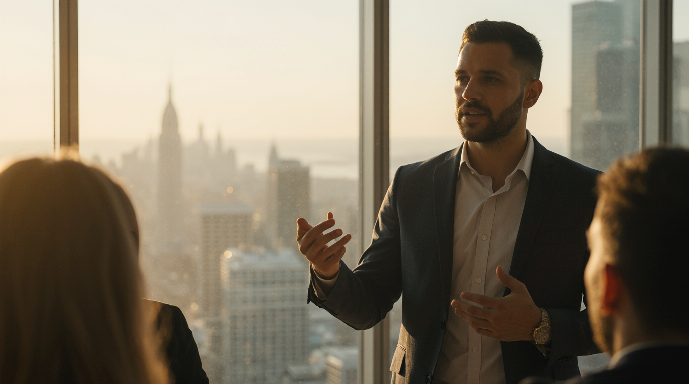 Man in his 30s confidently leading a team meeting in business attire with city skyline in background.