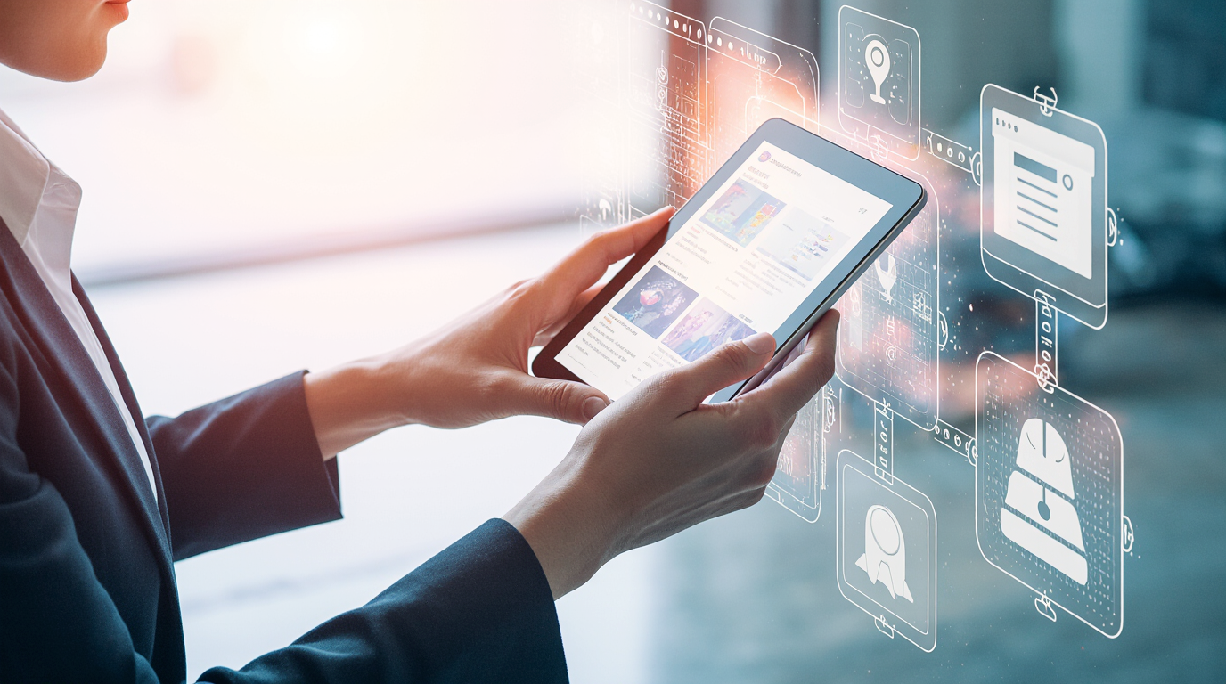 Person using tablet to analyze digital content and web data.