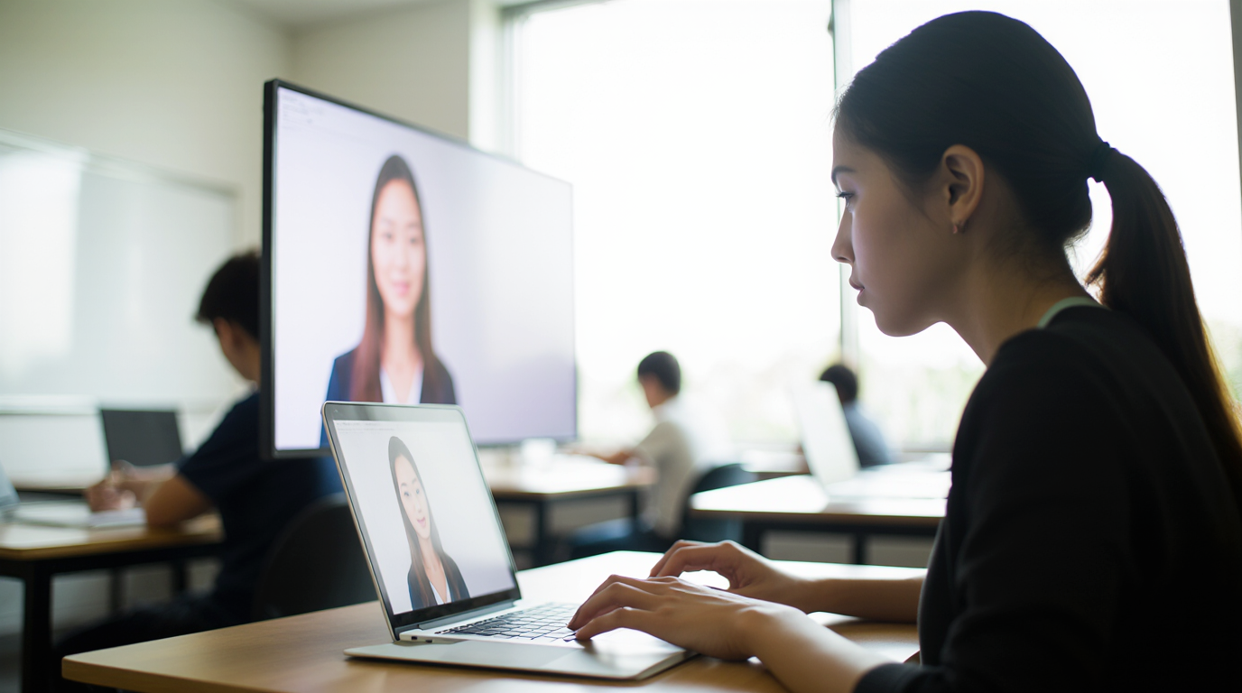 Students using laptops in a classroom with digital learning tools displayed.