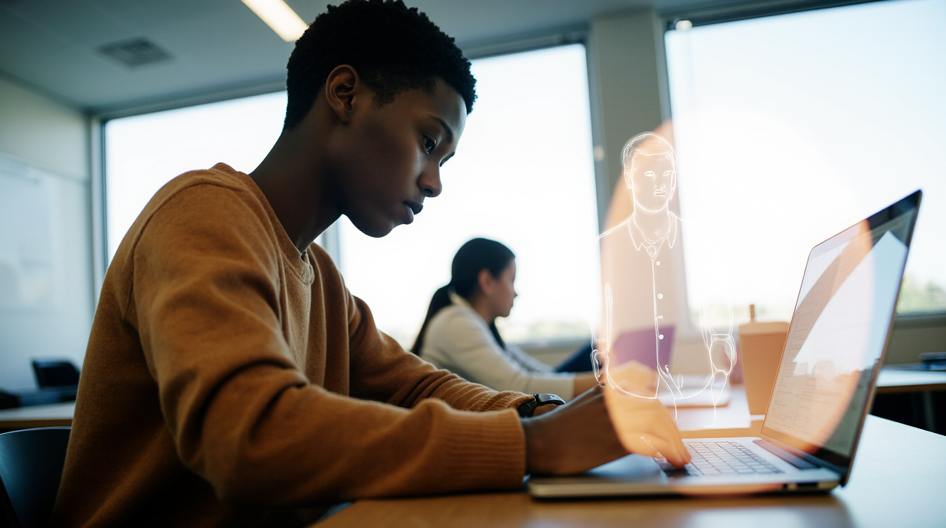 Young student at desk using laptop with a personalized AI tutor hologram projected beside them.