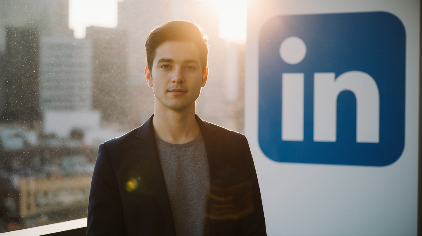 Person in business attire stands by LinkedIn logo in office setting.