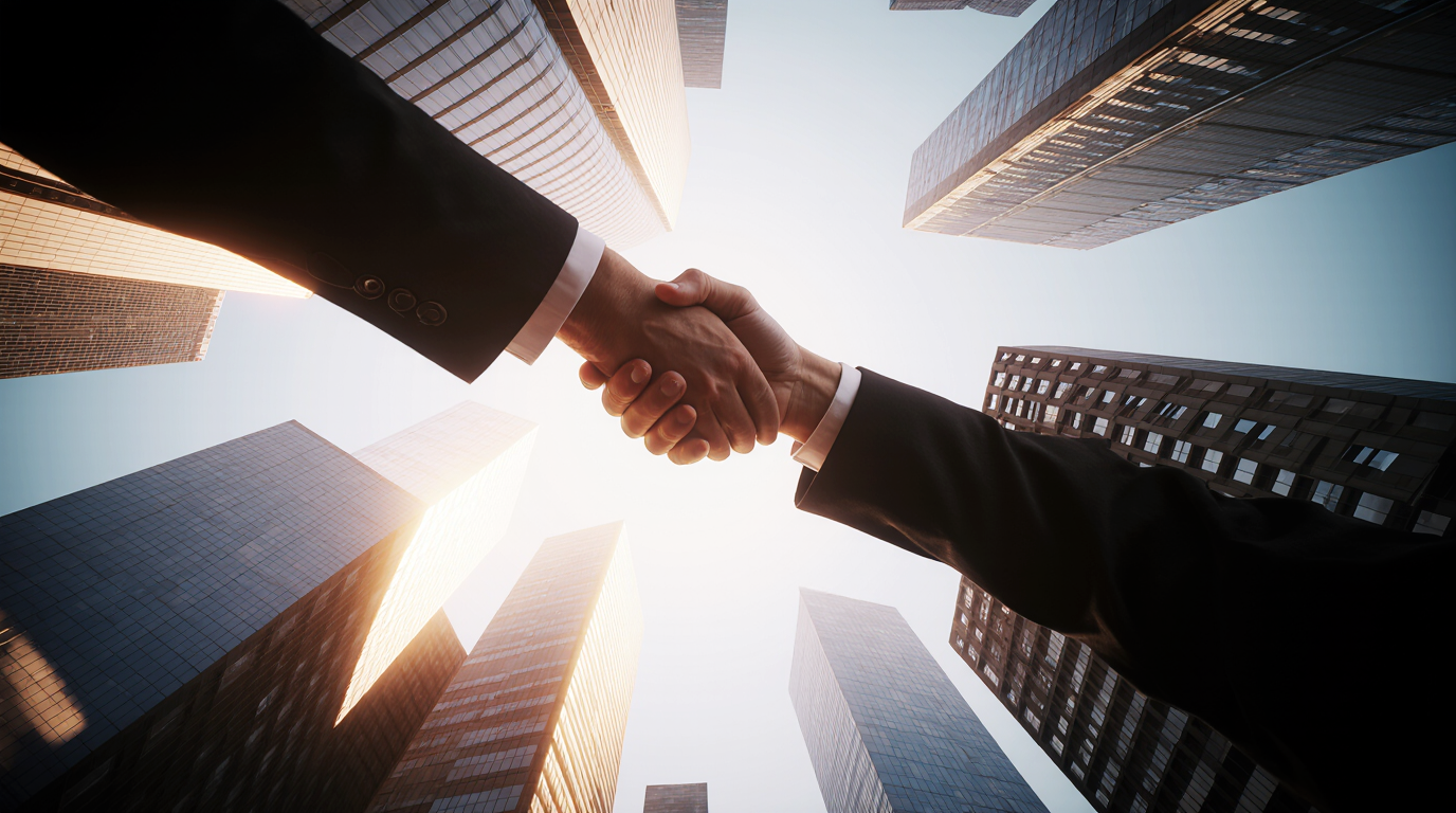 Startup founder and tech executive shake hands in a modern cityscape surrounded by skyscrapers.