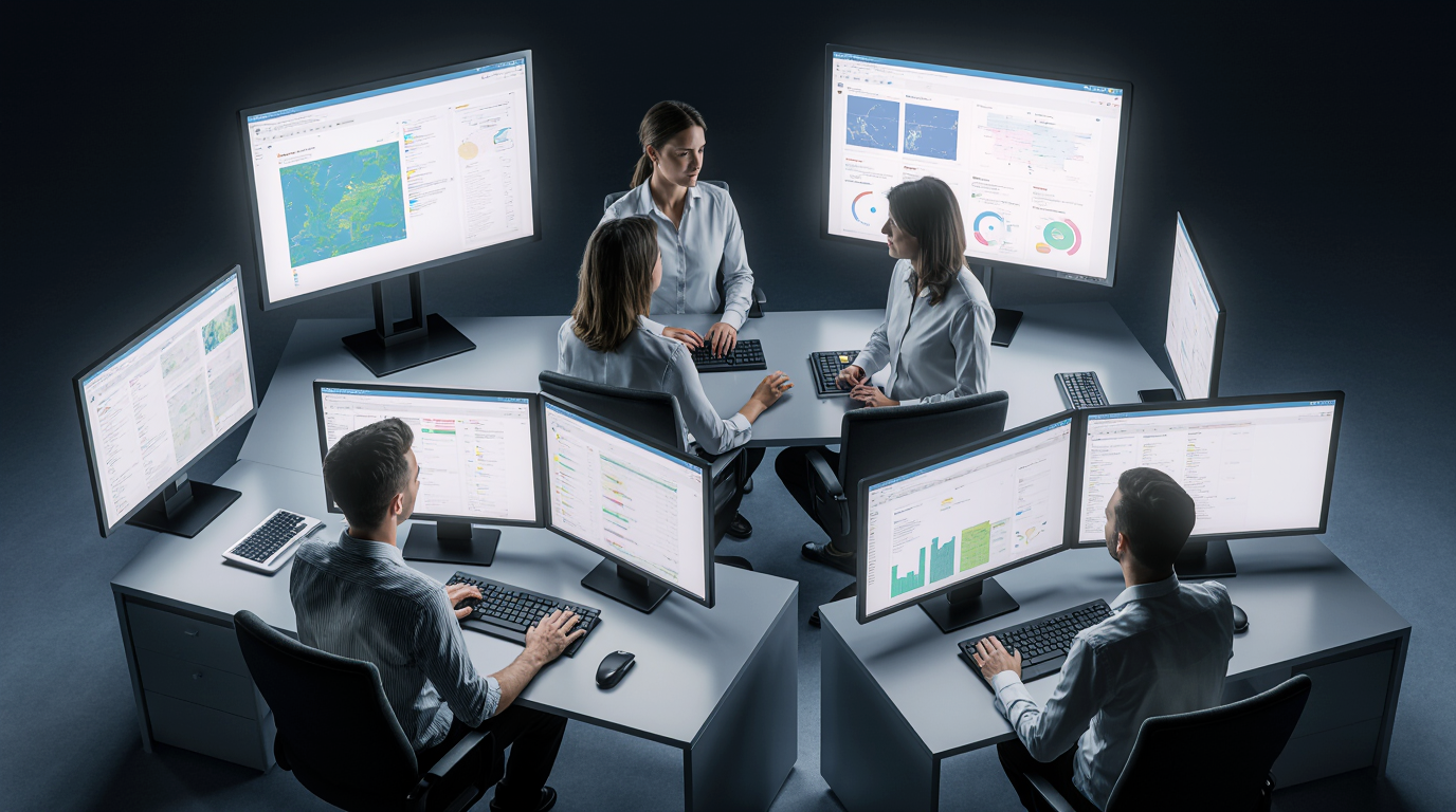 Diverse team of data annotators collaborating at modern workstations with multiple digital screens.