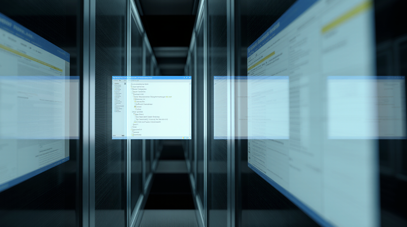 Server racks with floating code windows representing distributed computing.