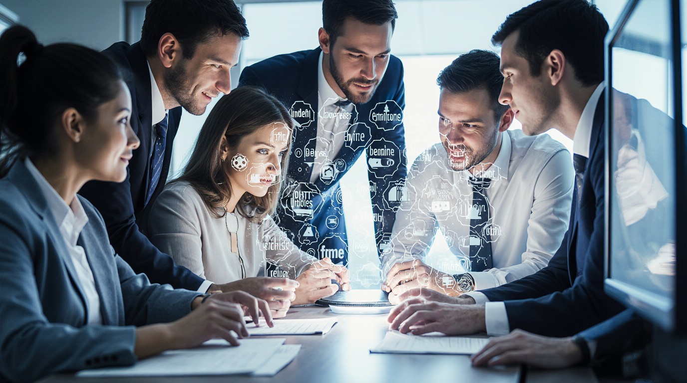 Team of professionals collaborating around a digital interface with data graphics overlay.