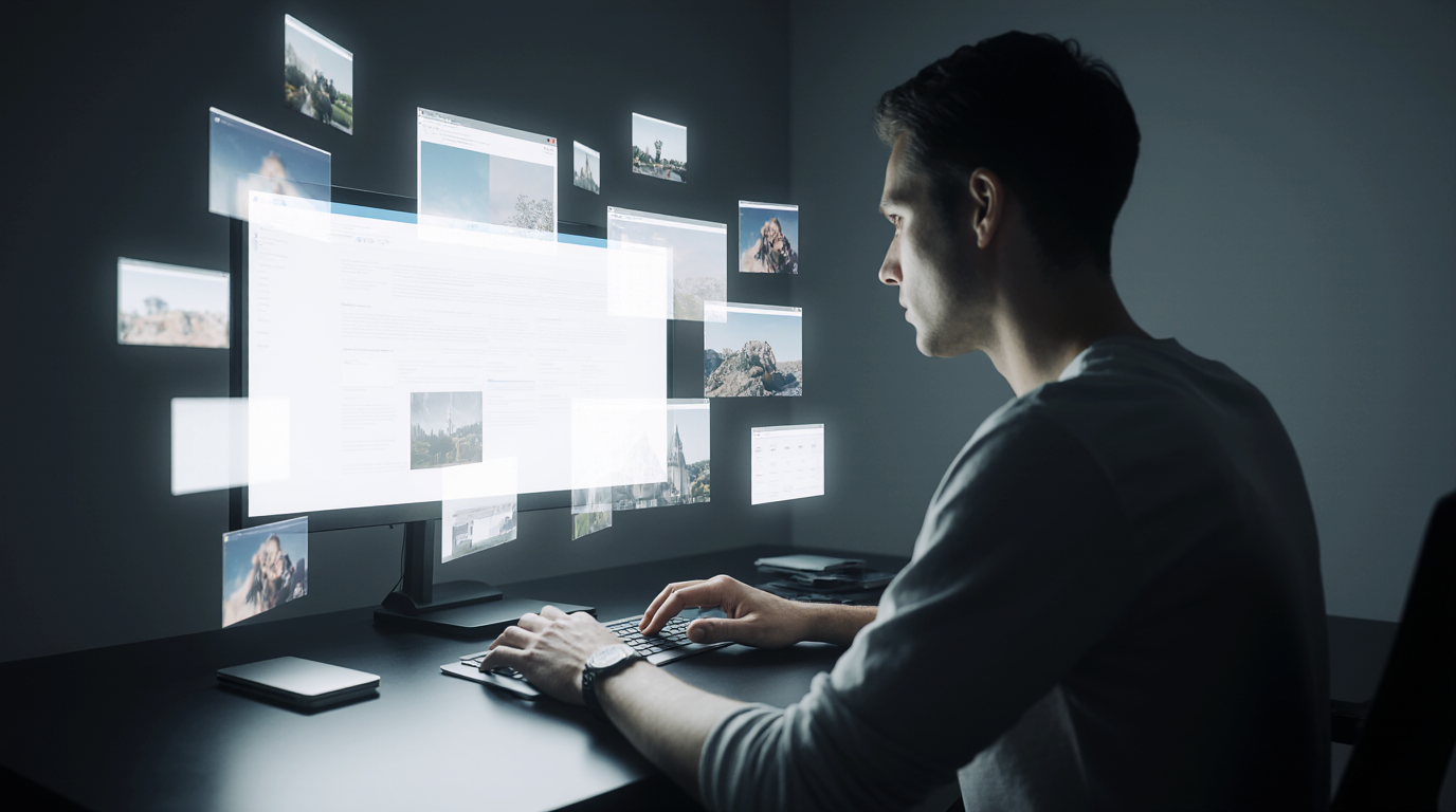 Futuristic designer at digital workstation manipulating floating image layers and holographic screens.