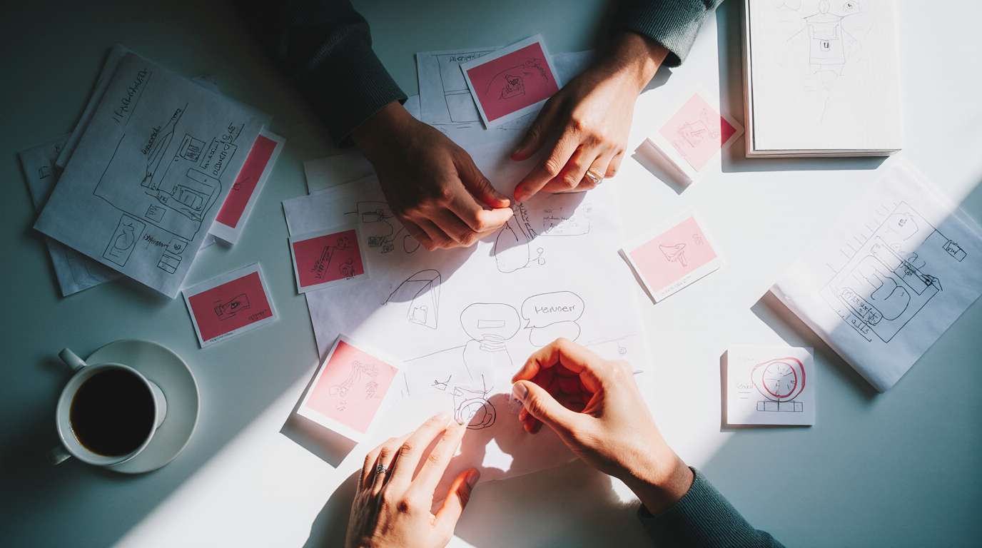 Content creator brainstorming with AI tools, digital sketches, and video notes on a sunlit desk.