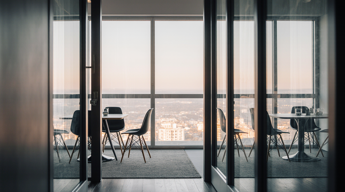Contemporary workspace with glass partitions, modern tables and chairs, and city view through large windows.