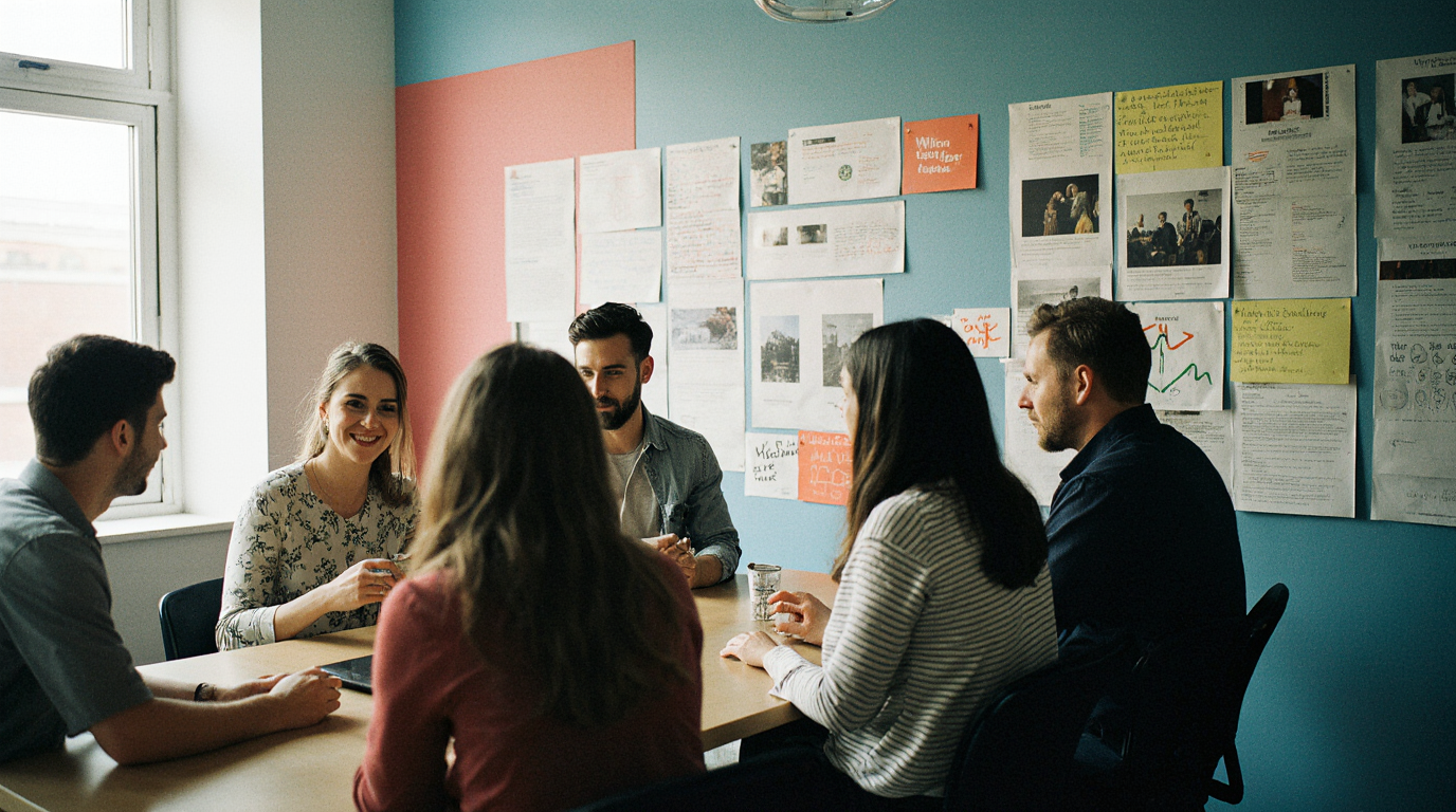Creative team collaborating around a table in a startup office with storyboards on the wall.