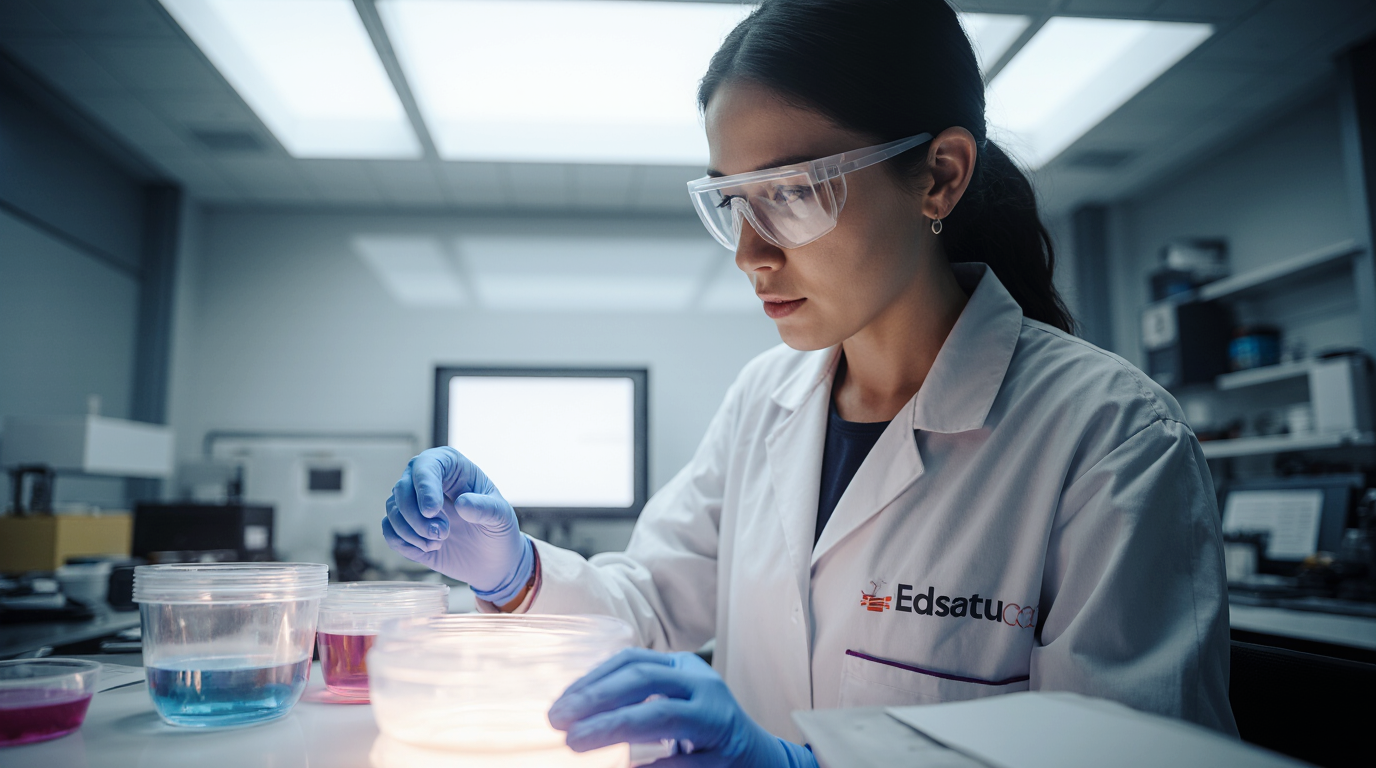 Scientist in lab coat working with colored samples in laboratory.