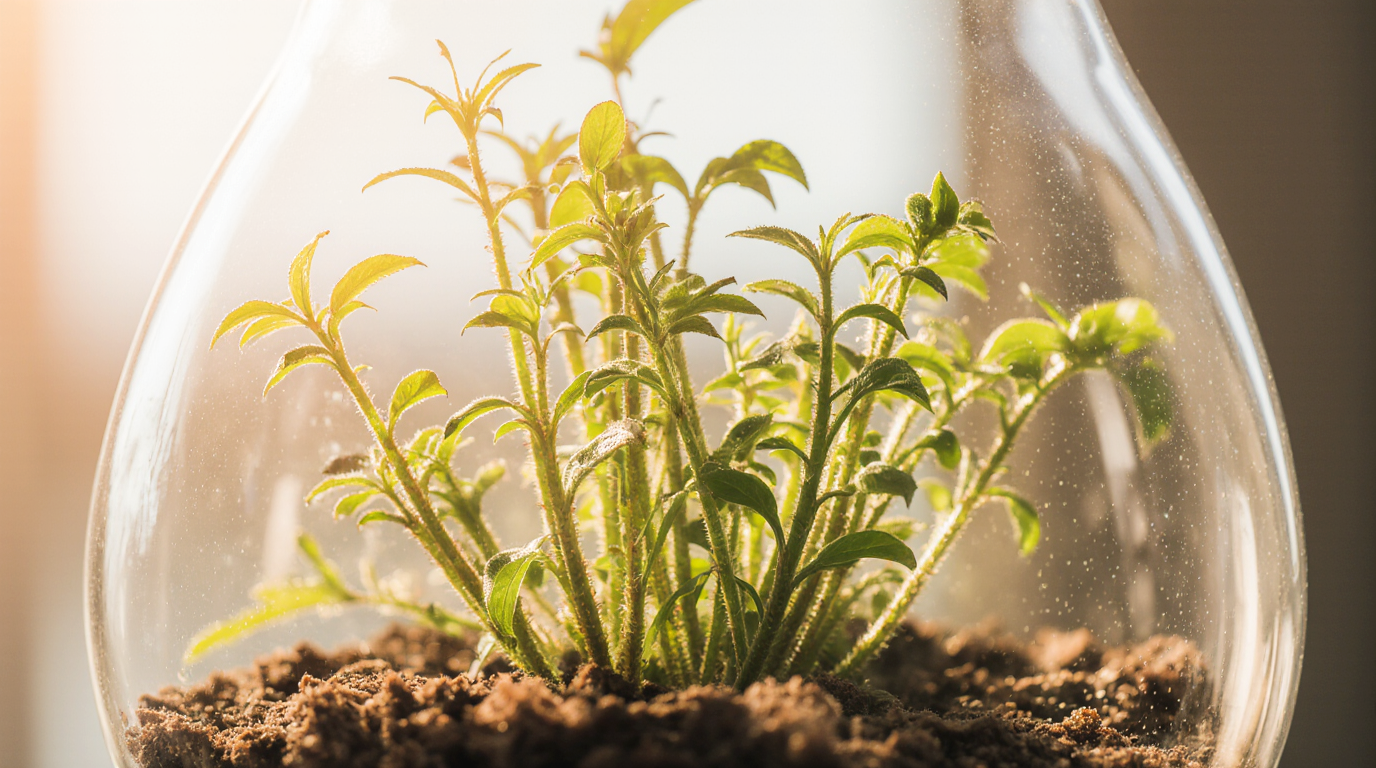 Young green plant growing in soil inside a glass container, sunlight shining.
