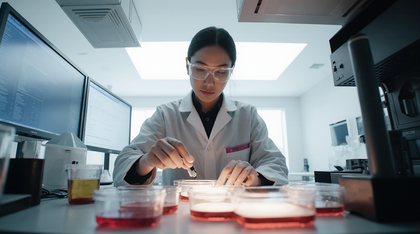 Scientist in lab coat working with petri dishes and computers in lab.