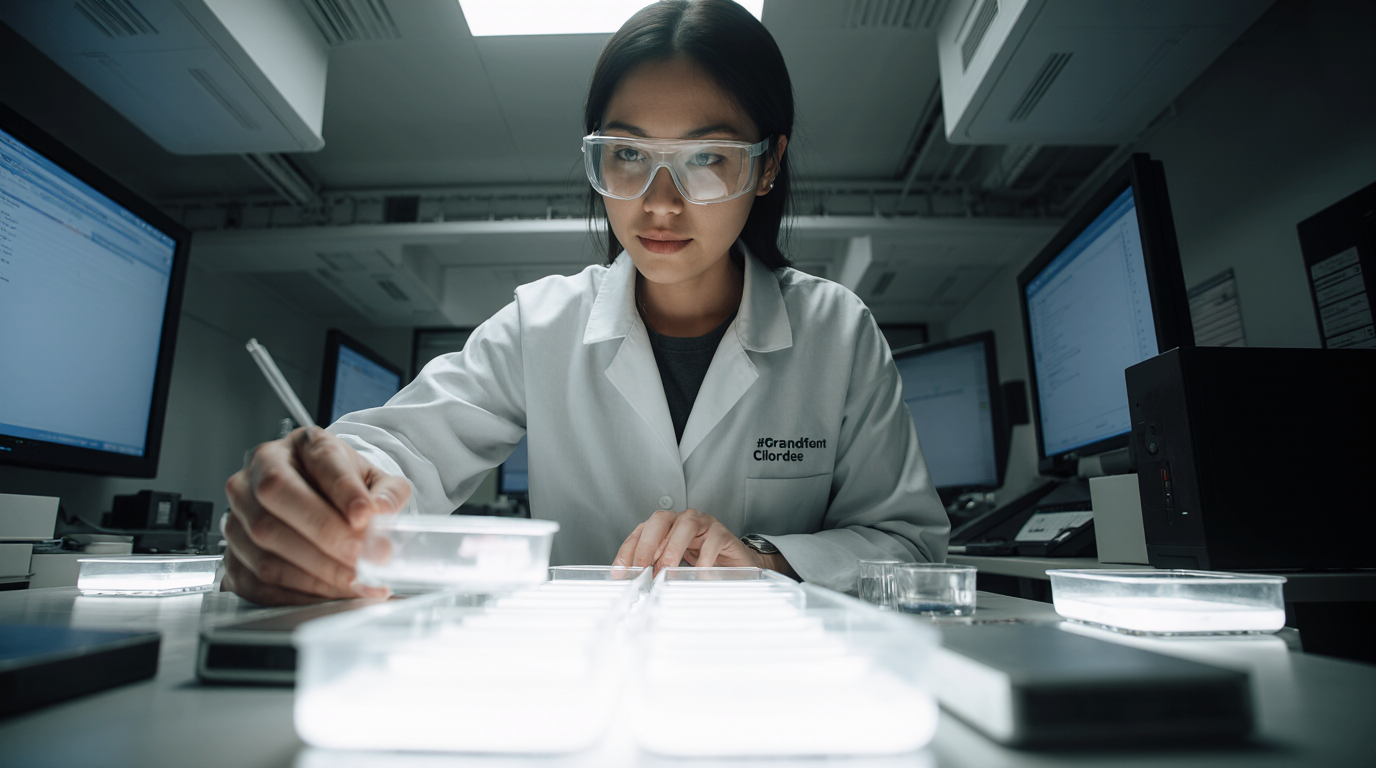 Scientist in lab coat working with petri dishes and computers in lab.