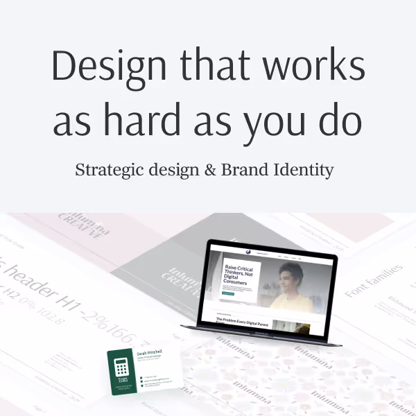 Laptop displaying a website, surrounded by branding design sheets and a business card, under the text 'Design that works as hard as you do, Strategic design & Brand Identity'.