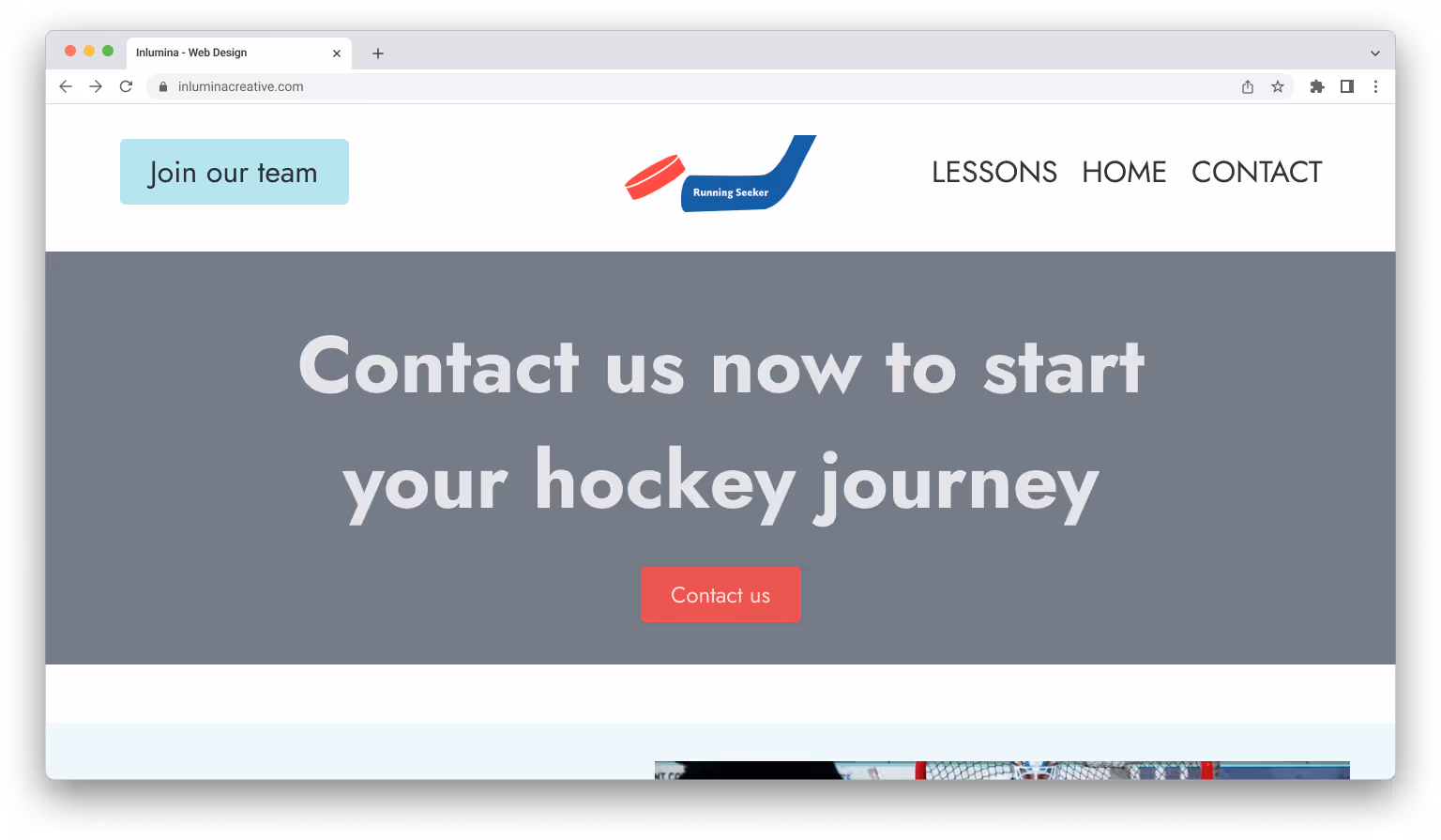 Website homepage with navigation links Lessons, Home, Contact, and a call to action saying Contact us now to start your hockey journey with a red Contact us button.