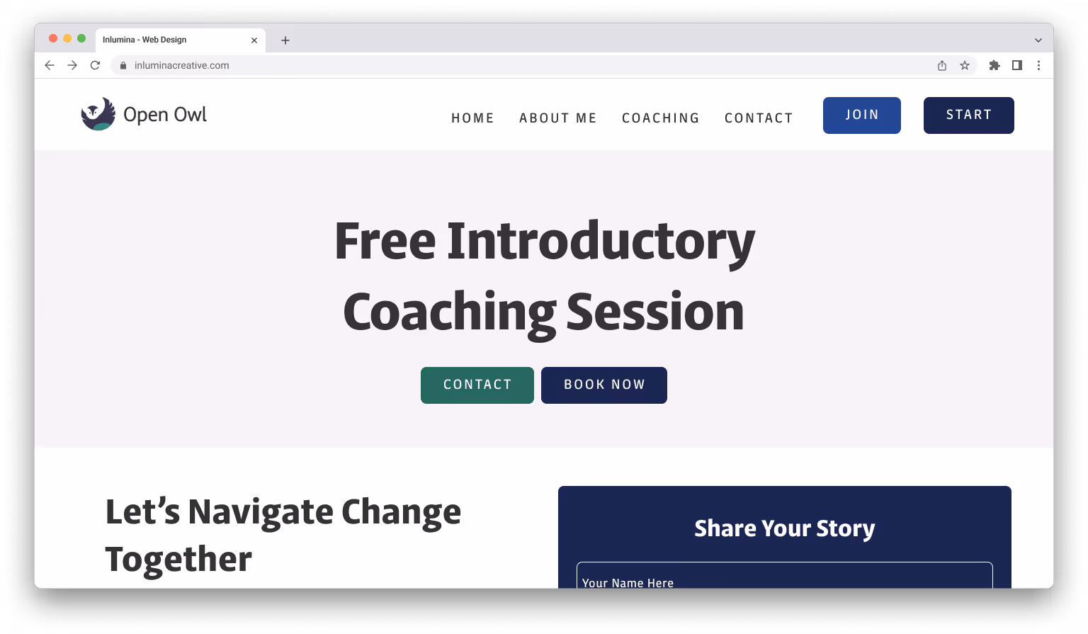 Website homepage offering a free introductory coaching session with navigation menu and contact buttons by Inlumina Creative