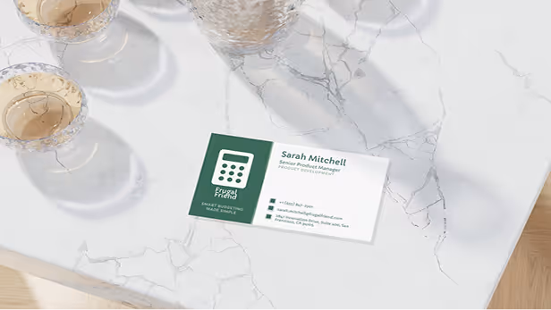 Business card for Sarah Mitchell, Senior Product Manager at Frugal Find by Inlumina Creative.