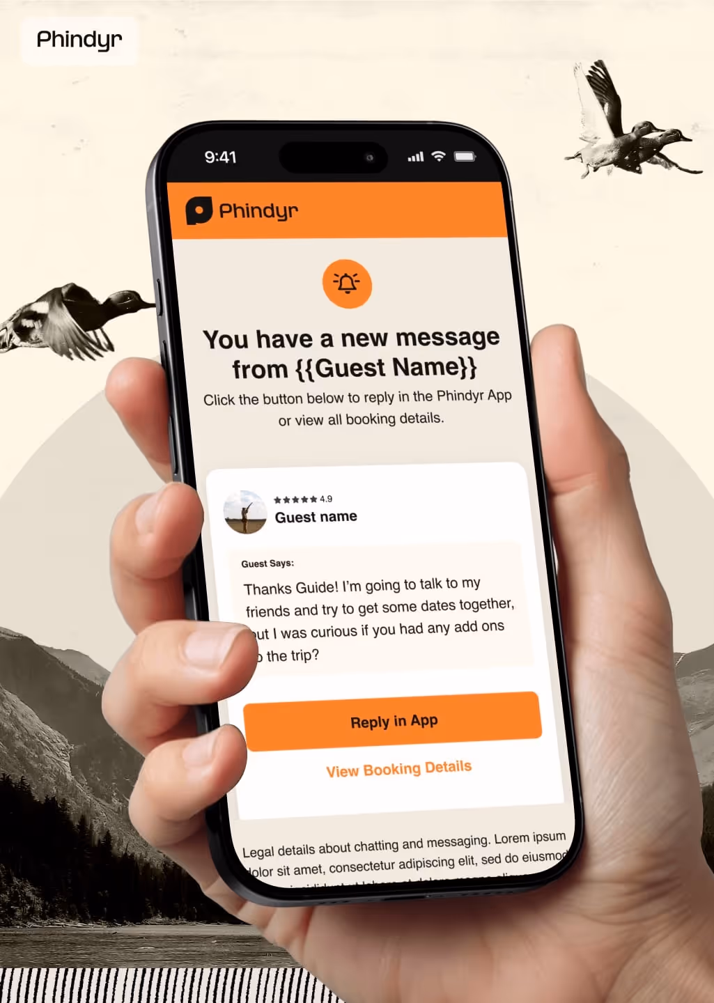 Phindyr email on an iphone mockup