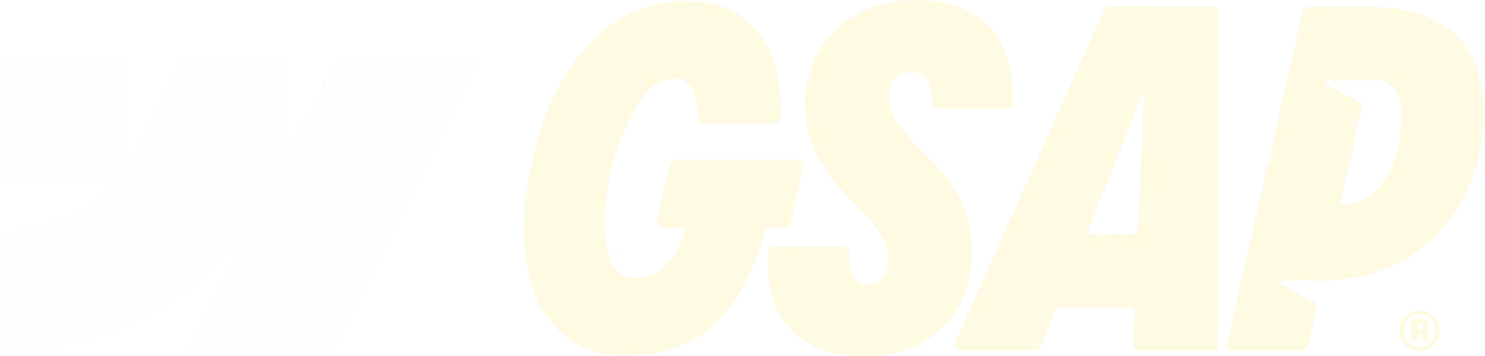 White stylized 'wf' icon next to light yellow letters G S A P on transparent background.