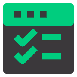 Dark checklist with two green checkmarks and lines under a green header with three squares.
