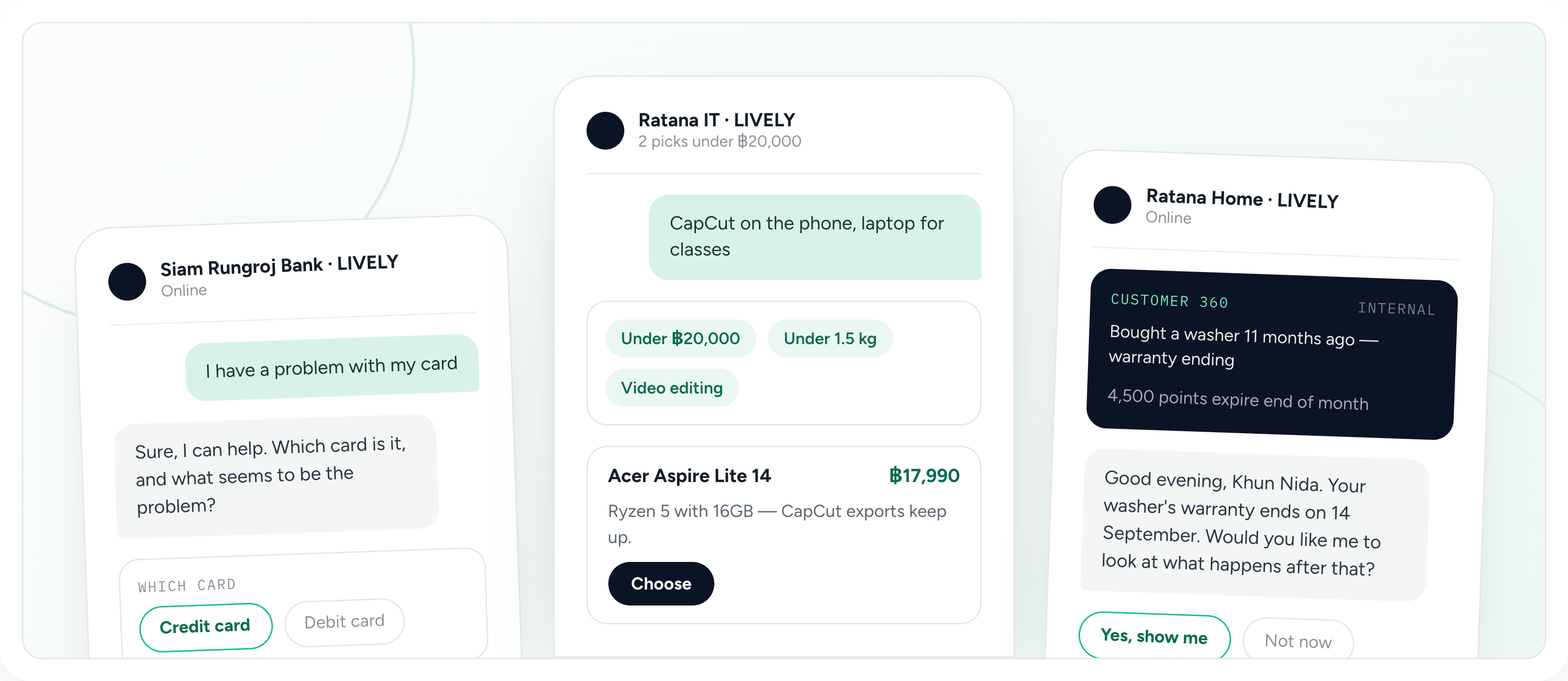 Lively handling three real contact-center conversations across banking, retail, and home-appliance chats