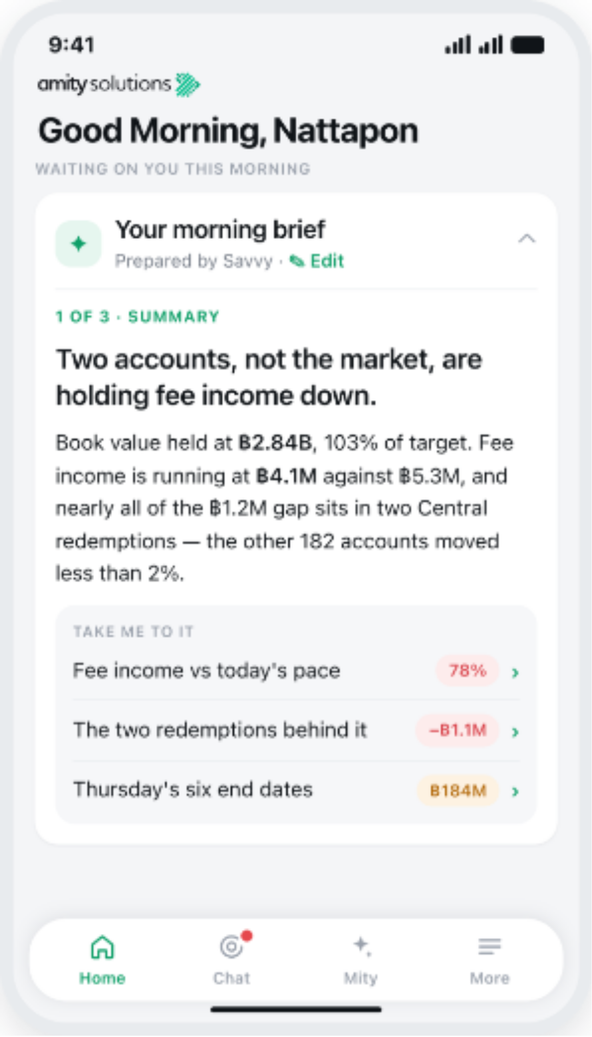 Savvy Morning Brief data intelligence summary screen