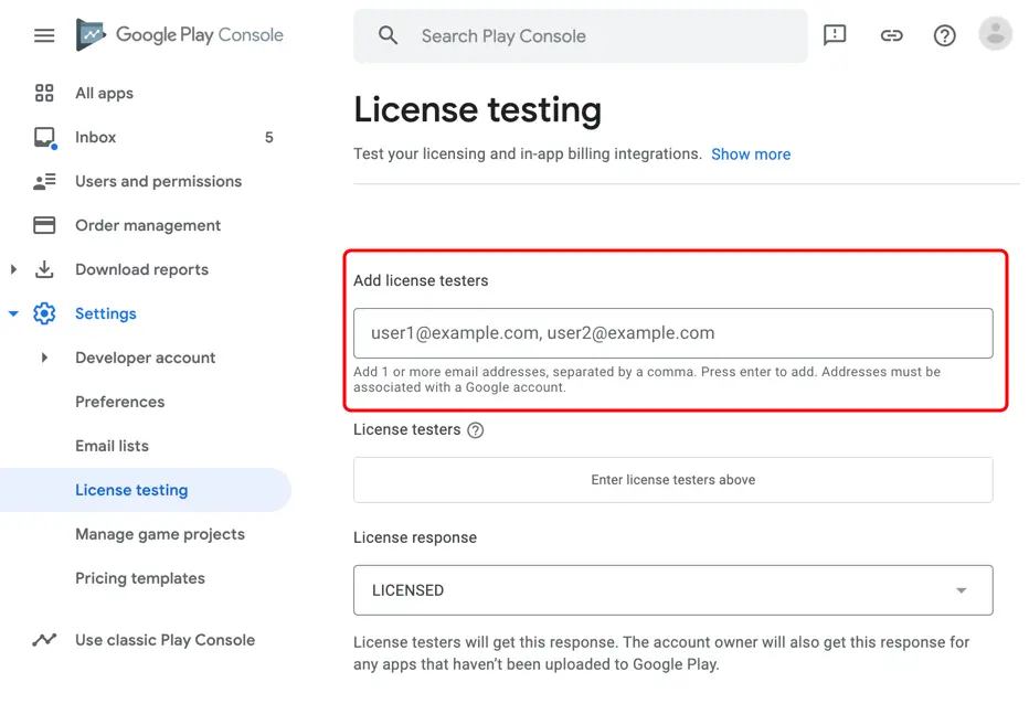 Screenshot of Google Play Console's license testing page showing where to add test user email addresses