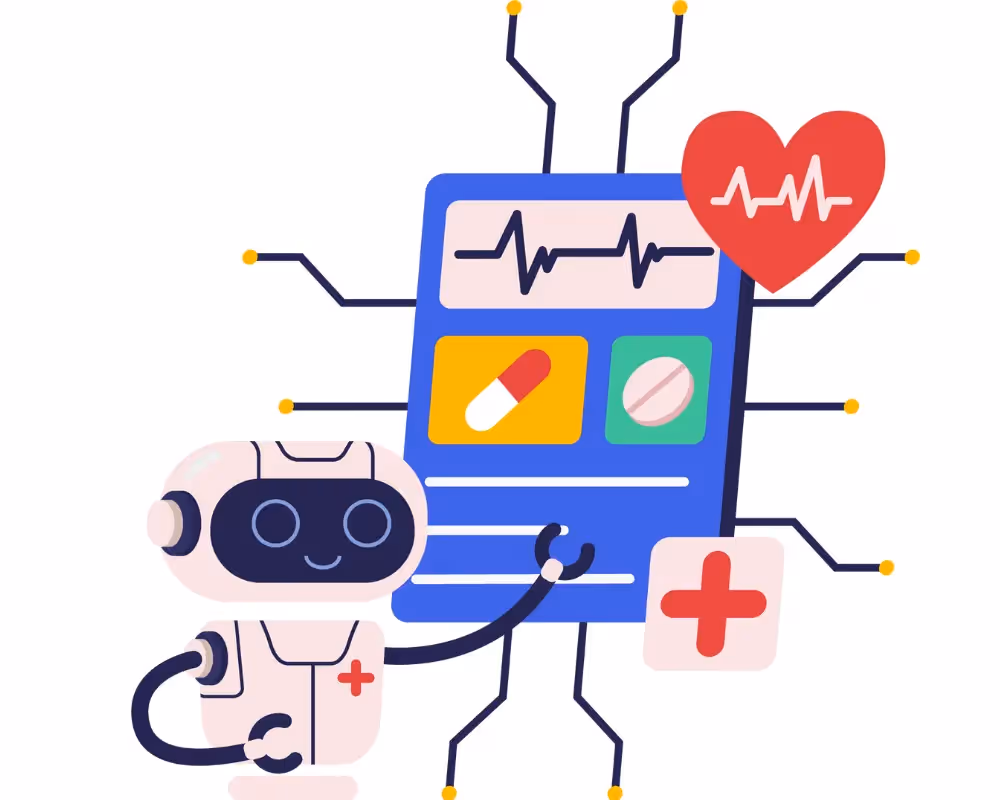 Friendly medical chatbot with health monitoring dashboard and medical symbols