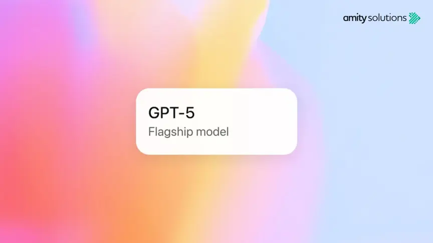 พื้นหลังไล่เฉดสีพร้อมข้อความ "GPT-5 Flagship model" และโลโก้ Amity Solutions
