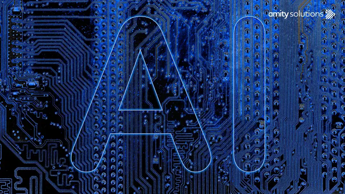 Large "AI" letters overlaid on blue circuit board background with "amity solutions" logo