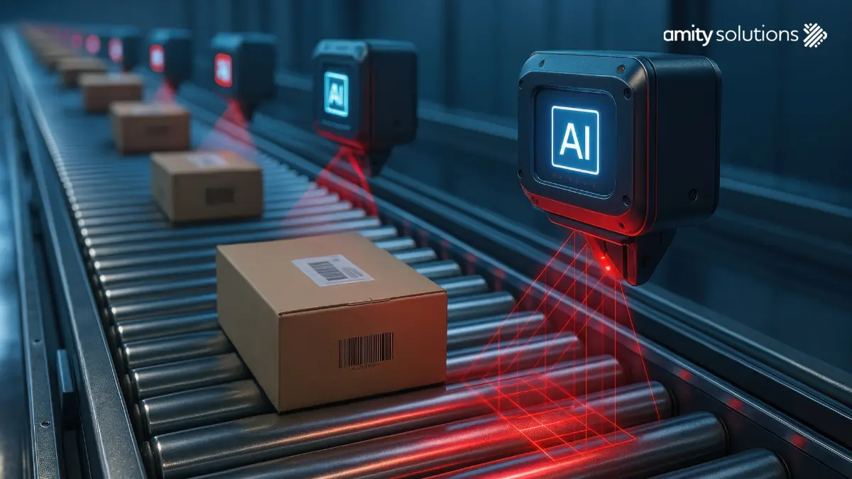 อุปกรณ์ AI พร้อมเลเซอร์สีแดงสแกนติดตามพัสดุบนสายพานลำเลียงอัตโนมัติในคลังสินค้า