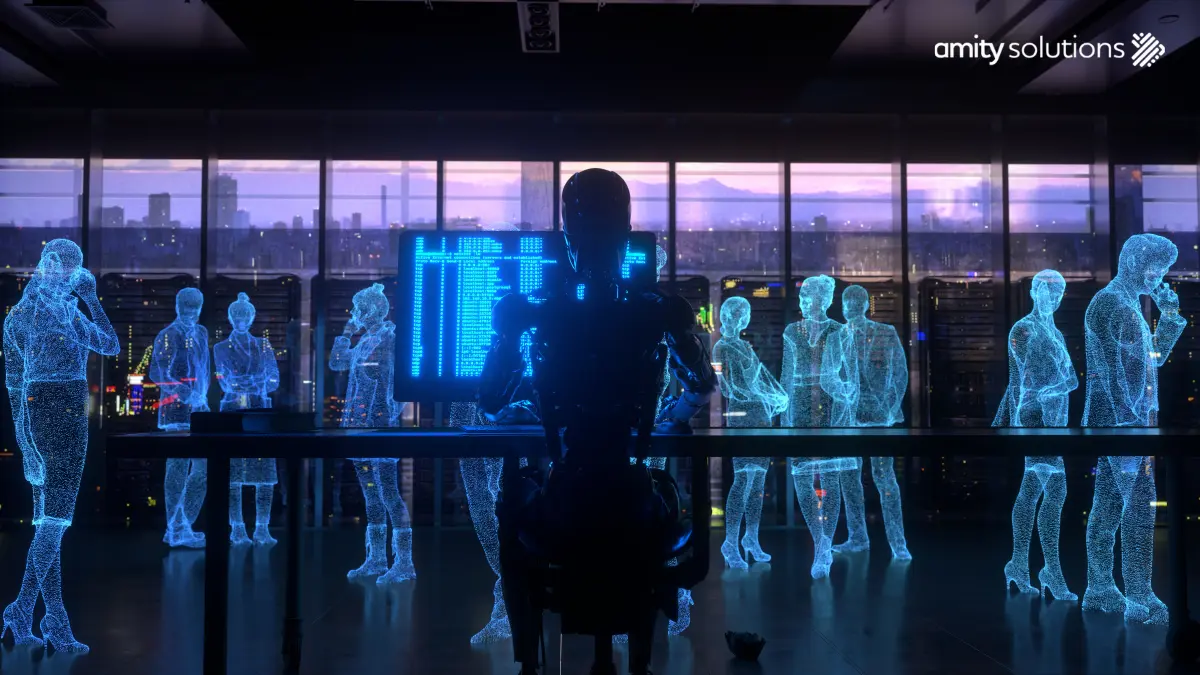 A humanoid robot sits at a glowing monitor surrounded by holographic digital human figures in a futuristic office, representing the evolution from chatbots to autonomous AI agents in the enterprise.