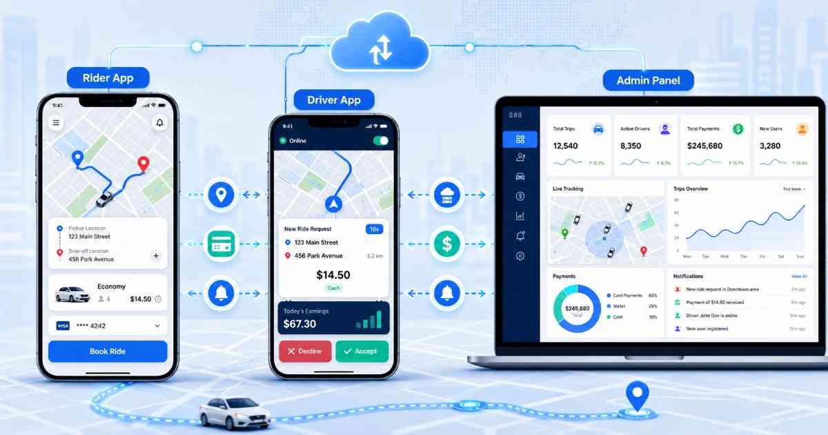 Main components of a ride-hailing app development solution.