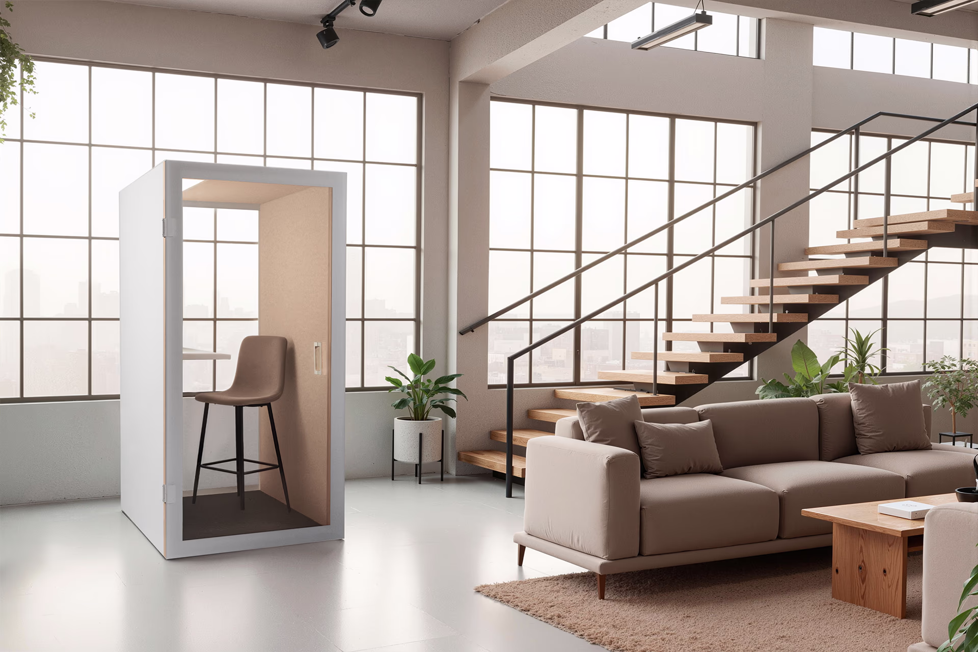 Modern office lounge with beige sofa, wooden coffee table, indoor plants, floating wooden staircase, and a white acoustic booth with a brown stool.