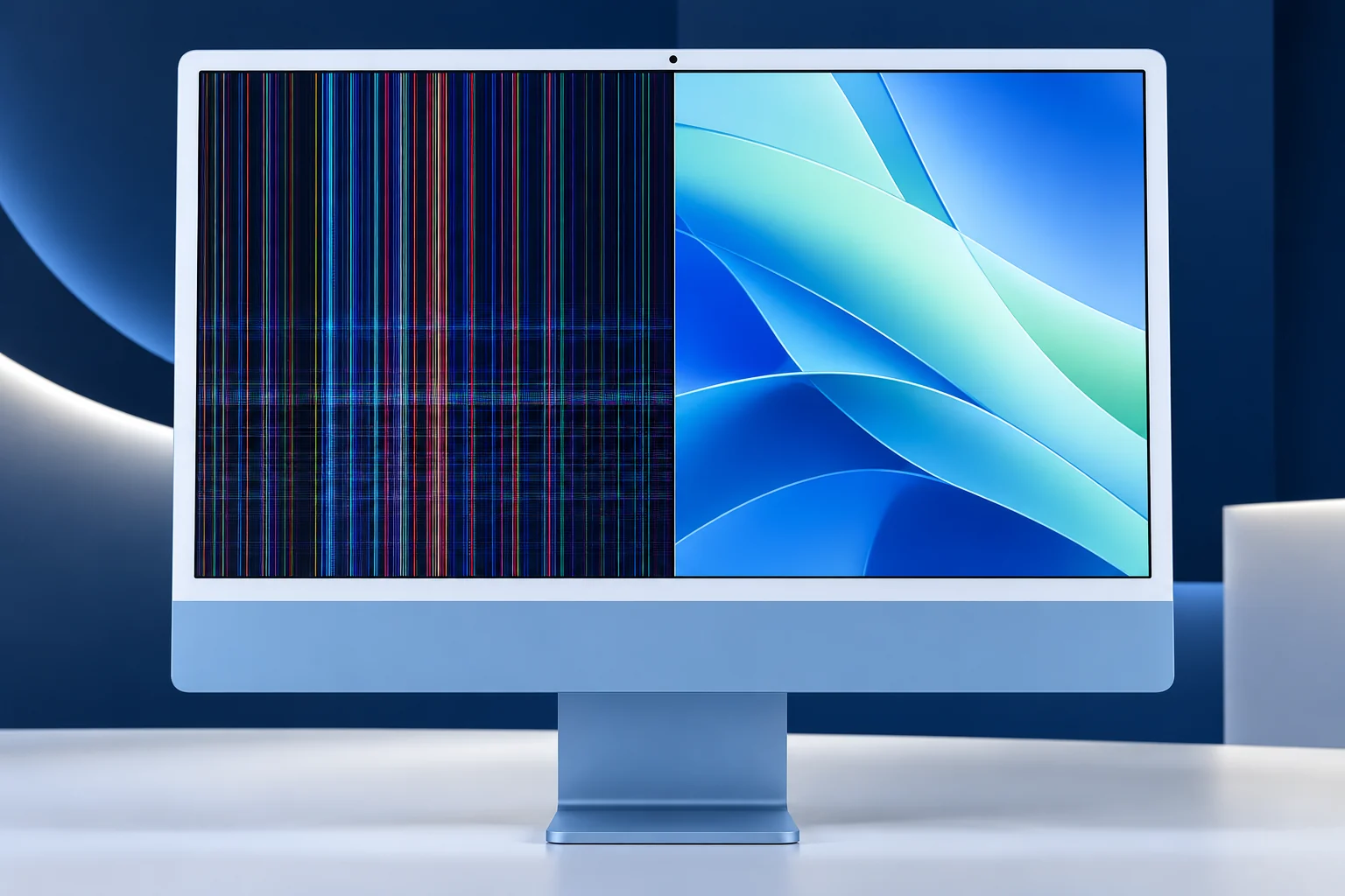 ภาพประกอบอาการ iMac M3 มีเส้นสีและภาพลายบนหน้าจอครึ่งซ้าย