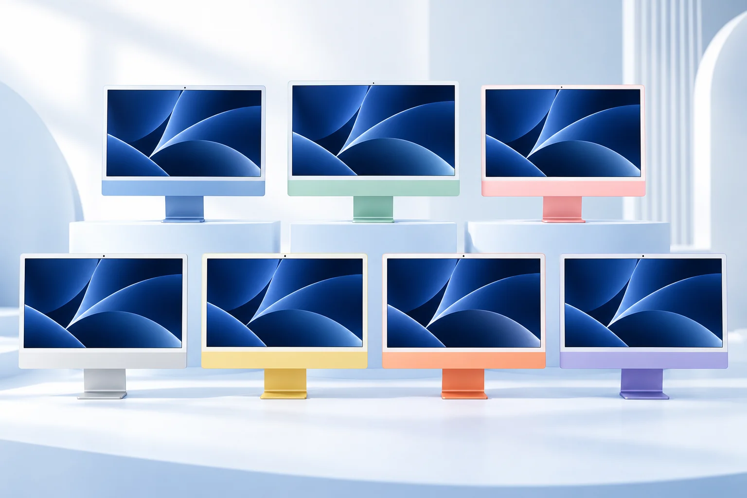 ภาพประกอบ iMac 24 นิ้ว โทนสีฟ้า เขียว ชมพู เงิน เหลือง ส้ม และม่วง