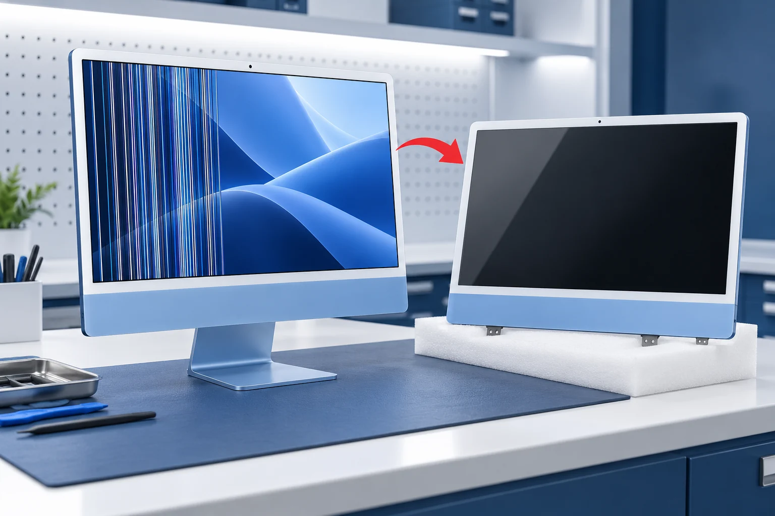 ภาพจำลอง iMac M3 จอเป็นเส้นกับชุดหน้าจอใหม่สำหรับเปลี่ยนยกใบ